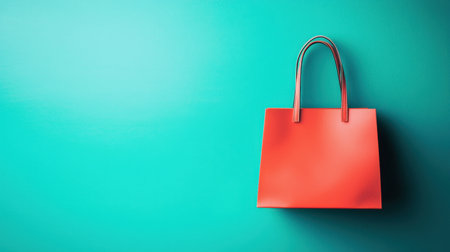 This image features a bright orange shopping bag set against a striking teal background, creating a vivid contrast that highlights retail and fashion themes.の素材