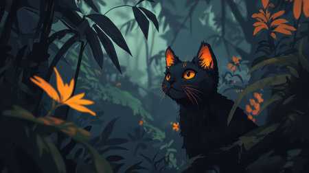 This artistic illustration features a mesmerizing black cat with glowing eyes, set against a mystical jungle backdrop filled with vibrant orange flowers, creating an enchanting night scene.の素材