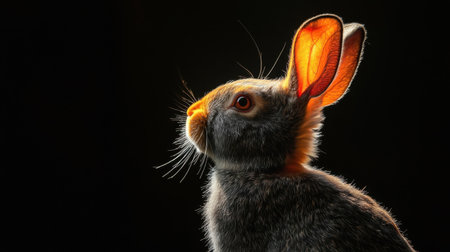 A stunning profile shot of a rabbit with glowing ears set against a dark background, highlighting its delicate features and serene expression. An enchanting capture of animal beauty.の素材