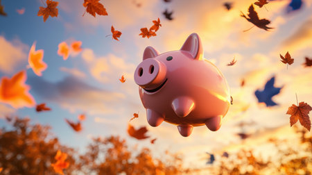 This enchanting image features a cute pink piggy bank floating amidst vibrant autumn leaves with a stunning sunset background, symbolizing financial growth and dreams.の素材