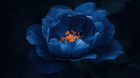 A stunning close-up of a vibrant blue flower set against a dark background, highlighting vivid orange stamen and detailed petals, showcasing nature's beauty.の素材