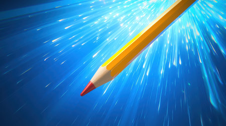 A vibrant pencil appears dynamic against a dazzling blue background, with radiant sparks emphasizing creativity and inspiration in design and art.の素材