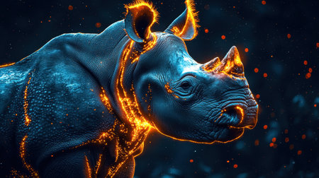 A stunning representation of a rhinoceros bathed in neon light, highlighting its textured skin and powerful presence against a dark backdrop.の素材