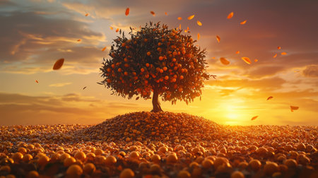 A captivating scene featuring a citrus tree laden with ripe oranges, set against a stunning sunset backdrop. The landscape radiates warmth and serenity.の素材