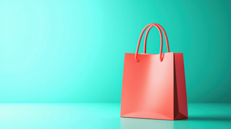 A vibrant coral shopping bag stands against a bright turquoise background, offering a modern and minimal aesthetic perfect for retail themes.の素材