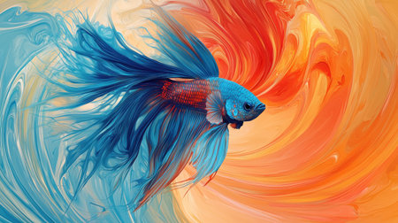 A magnificent betta fish gracefully swims through a splash of vibrant orange and blue, creating a stunning blend of colors and textures in an artistic underwater scene.の素材