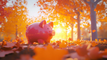 A charming pink piggy bank sits amidst vibrant autumn leaves in a magical forest at sunset. The scene captures warmth and tranquility, symbolizing savings and financial dreams.の素材