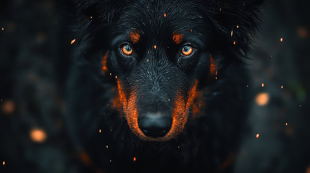 A mesmerizing portrait of a black dog featuring striking orange accents on its fur, captured in a dramatic setting. The image showcases captivating eyes and wet fur, creating a mystical and emotional atmosphere. Ideal for animal lovers and pet enthusiasts.の素材