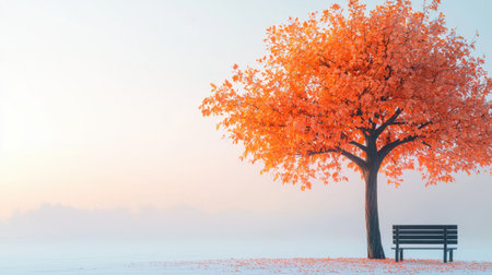 A stunning scene featuring a vibrant orange tree with autumn leaves standing beside a lonely bench in a misty landscape during sunrise.の素材