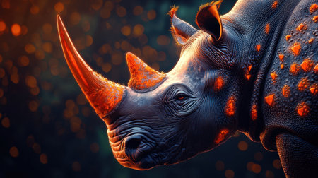 A striking close-up of a rhinoceros showcases its vibrant spots and powerful presence, surrounded by a soft, dreamy background in nature.の素材