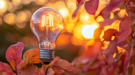A stunning light bulb stands among vibrant autumn leaves as a beautiful sunset casts a warm glow, creating an inspiring outdoor scene.の素材