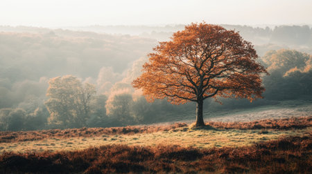 A beautiful autumn scene showcasing a solitary tree with bright orange leaves set against a soft misty background. The peaceful landscape invites admiration and reflection.の素材