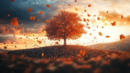 A stunning view of a solitary tree surrounded by vibrant autumn leaves, perfectly capturing the essence of fall against a beautiful sunset backdrop.の素材