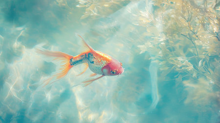 A vibrant goldfish glides through a serene underwater scene, surrounded by soft light and lush aquatic plants. The tranquil atmosphere creates a peaceful moment.の素材
