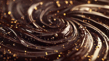 This captivating macro image showcases rich chocolate swirls with shimmering particles, creating a luxurious and indulgent visual experience. The smooth texture combines elegance and appetizing appeal, perfect for food-related projects.の素材