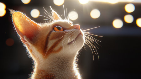 A close-up image of a curious cat gazing upwards, showcasing bright eyes and soft fur with beautiful bokeh lights in the background.の素材