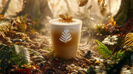 A beautifully crafted latte sits in a clear cup, nestled among lush foliage and delicate leaves, creating a serene and inviting atmosphere.の素材