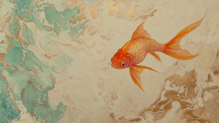 This stunning artwork features a vibrant orange goldfish gracefully swimming through a textured ocean background of turquoise and beige. The composition captures a sense of tranquility and beauty, perfect for any decor.の素材