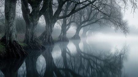 This captivating image showcases a row of majestic trees shrouded in fog, standing by calm waters. The serene atmosphere creates a mystical mood, perfect for nature lovers.の素材