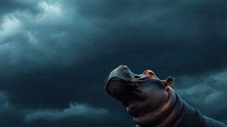 A stunning profile of a hippo emerges against a backdrop of dark, ominous clouds, highlighting its majestic presence in the wild landscape.の素材