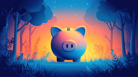 A colorful piggy bank stands in a serene forest at dusk, illuminated by a mystical glow. The enchanting scenery evokes feelings of dreams, growth, and financial aspirations.の素材