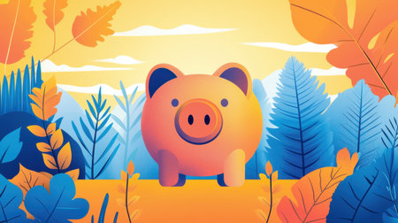 This vibrant illustration features a piggy bank surrounded by colorful autumn leaves, creating a cheerful and engaging visual ideal for financial themes and savings concepts.の素材