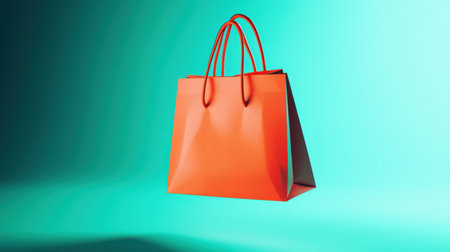 This image features a vibrant orange shopping bag suspended against a bright aqua background, perfect for showcasing retail and fashion themes.の素材