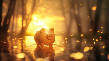 A serene image of a piggy bank illuminated by soft sunlight in a forest setting. The gentle bokeh effect adds a magical touch, embodying dreams of prosperity and hope.の素材