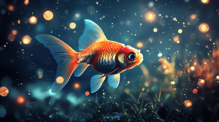 A stunning image of a goldfish gracefully swimming in a mesmerizing underwater environment, illuminated by soft lights and surrounded by bubbles, creating a dreamlike atmosphere.の素材