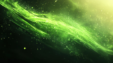 This striking abstract image features a glowing green wave with sparkling particles and soft light effects on a dark background, perfect for digital art projects.の素材