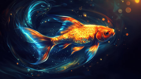 A stunning goldfish gracefully swims in an enchanting underwater scene, surrounded by vibrant colors and sparkling light effects, evoking a sense of serenity and beauty.の素材