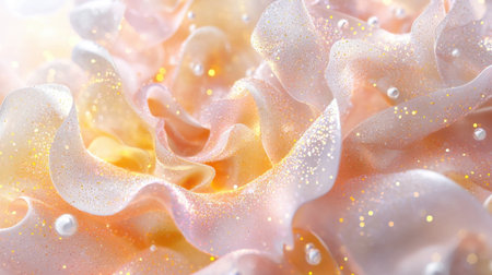 This image showcases soft, pastel ribbons of fabric imbued with shimmering glitter and subtle pearls. It creates an elegant, textured background that exudes softness and luxury, perfect for artistic projects.の素材