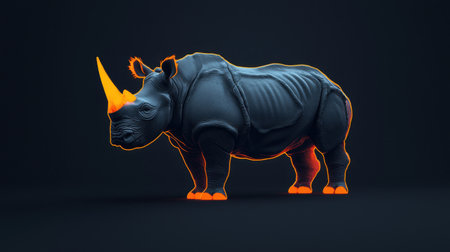 This high-quality 3D render features a rhinoceros highlighted with vibrant orange accents, set against a dark backdrop, showcasing detailed anatomy and artistic contours.の素材