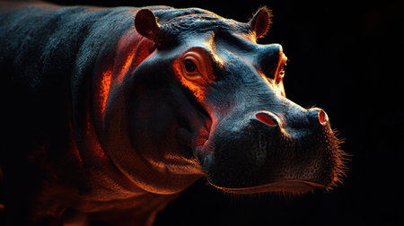This stunning close-up image of a hippo showcases the majestic creature under dramatic lighting, highlighting its unique features and serene expression in a captivating environment.の素材