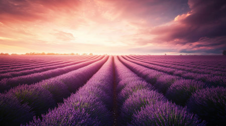 A breathtaking scene of endless lavender fields bathed in the warm glow of a colorful sunset. The dramatic clouds add depth, enhancing the tranquil beauty of nature.の素材