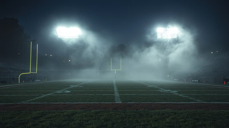 A stunning night view of a foggy football field, illuminated by bright stadium lights. The atmospheric conditions create a dramatic and eerie scene ideal for sports photography.の素材
