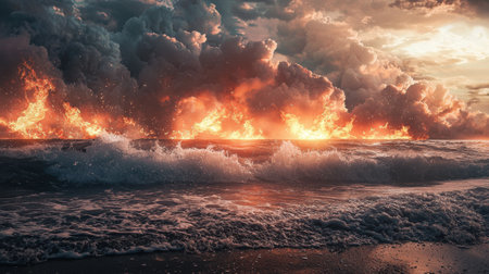 Experience the stunning view of a sunset over ocean waves with dramatic clouds glowing in fiery colors, creating a peaceful yet vibrant atmosphere filled with beauty.の素材
