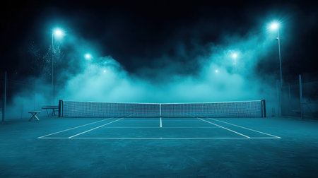A stunning tennis court illuminated by blue lights at night, enveloped in fog, creating a surreal and captivating scene perfect for sports and artistic imagery.の素材