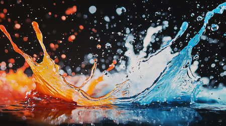 This stunning image captures a vibrant water splash featuring brilliant blue and orange hues, creating a striking contrast against a dark background.の素材