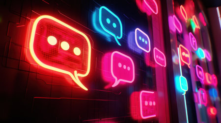 Vibrant neon speech bubbles in various colors illuminate a modern digital background, symbolizing communication and interaction in a lively social media environment.の素材
