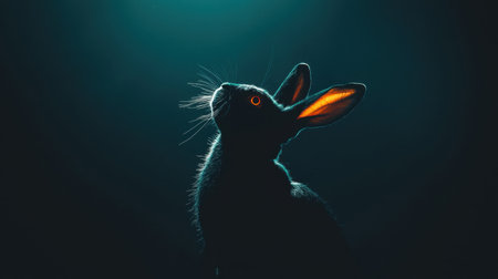 A captivating image of a black rabbit with striking orange eyes, gently illuminated from below, creating a dramatic and enchanting effect in darkness.の素材