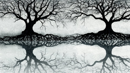 Experience the tranquil beauty of this artistic image featuring mirrored black trees and roots against a misty backdrop, capturing serenity and reflection.の素材