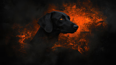 A striking image of a black dog in profile, set against a dramatic background of smoke and fiery orange flames, showcasing intense beauty and emotion.の素材