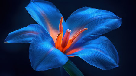 A stunning close-up image of a vibrant blue flower featuring striking orange stamen, set against a dark background, showcasing natural beauty and elegance.の素材