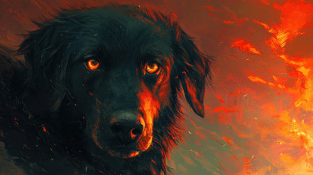 A striking portrait of a black dog showcasing intense eyes that reflect warmth and emotion against a fiery background, creating a captivating atmosphere.の素材