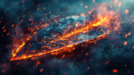 This stunning image captures a glowing lava leaf amidst fiery sparks and swirling smoke, evoking themes of nature, fantasy, and abstract artistry. Perfect for visual storytelling.の素材