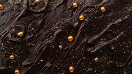 A stunning close-up of rich dark chocolate, elegantly swirled with shiny golden spheres and sparkling dust, perfect for gourmet dessert presentations.の素材