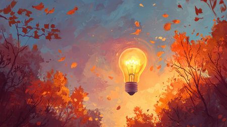 This captivating digital artwork depicts a surreal autumn landscape featuring a glowing light bulb amidst colorful falling leaves. The warm hues create an enchanting atmosphere perfect for inspiration.の素材