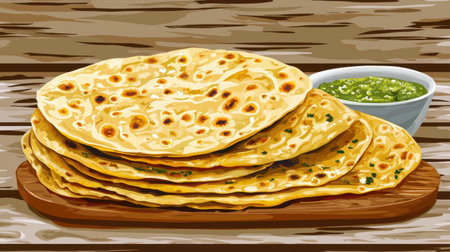 A delicious serving of freshly made flatbreads styled with a vibrant green chutney, perfect for showcasing traditional culinary delights. Ideal for food photography.の素材