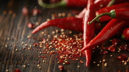 Discover the vibrant essence of fresh red chili peppers scattered with flavorful spices on a rustic wooden surface, perfect for culinary inspiration.の素材